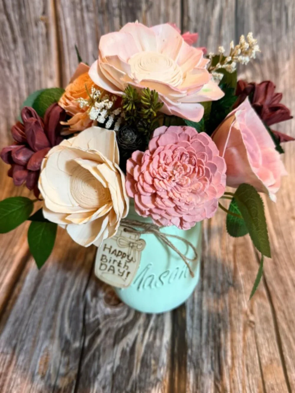 Pink Sola Wood Floral Arrangement in Mason Jar Home Decor Birthday Gift